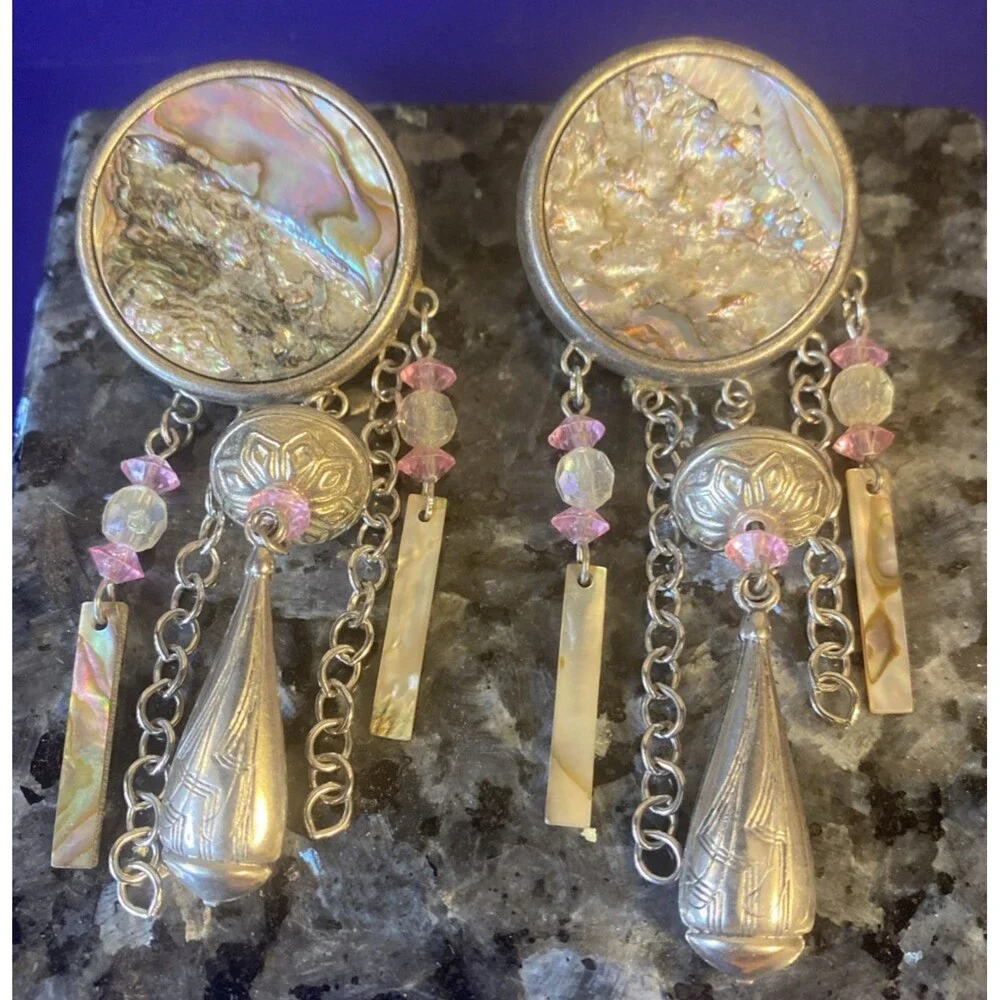 Vintage Artisan Boho Style Drop Earrings.Iridescent Pink and Silver